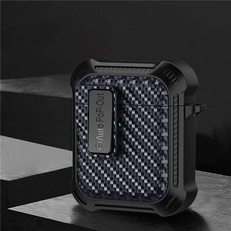 For AirPods with Wireless Charging Case (2019) / AirPods with Charging Case (2019) / (2016) Pressing Buckle Case Carbon Fiber Texture Cover - Sapphire