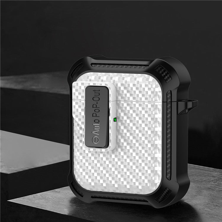 For AirPods with Wireless Charging Case (2019) / AirPods with Charging Case (2019) / (2016) Pressing Buckle Case Carbon Fiber Texture Cover - White