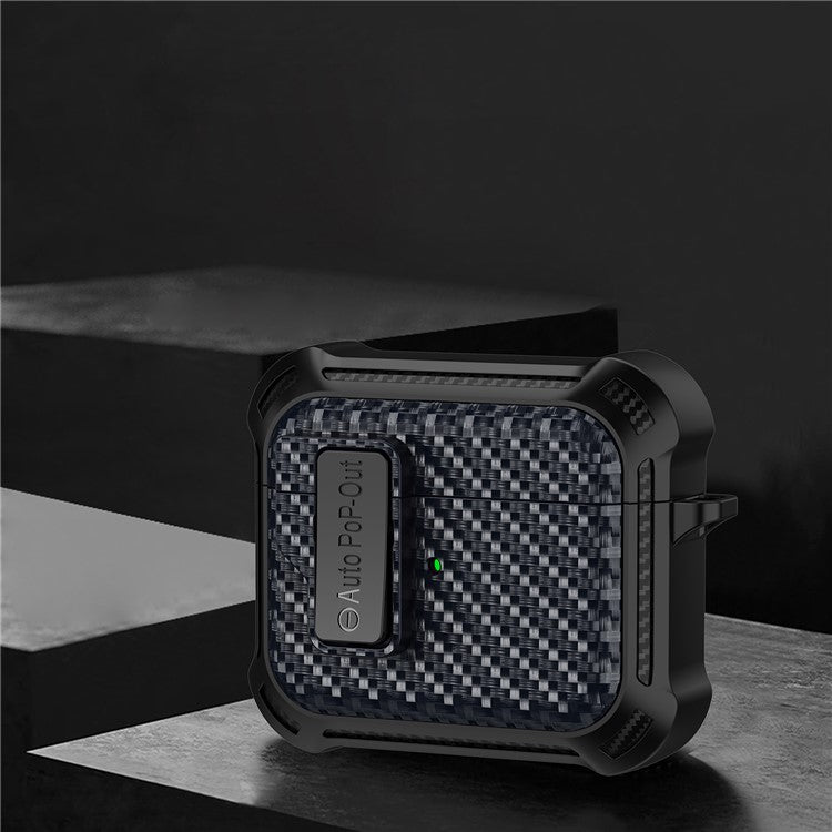 For Apple AirPods 3 Pressing Buckle TPU+PC Protective Case Carbon Fiber Texture Bluetooth Earphone Cover - Sapphire