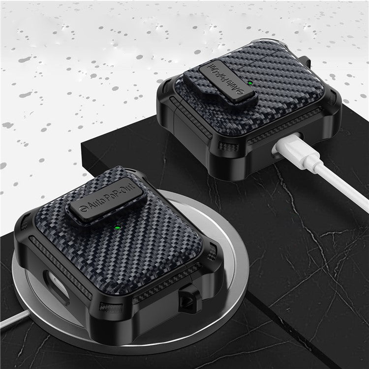 For Apple AirPods 3 Pressing Buckle TPU+PC Protective Case Carbon Fiber Texture Bluetooth Earphone Cover - Sapphire