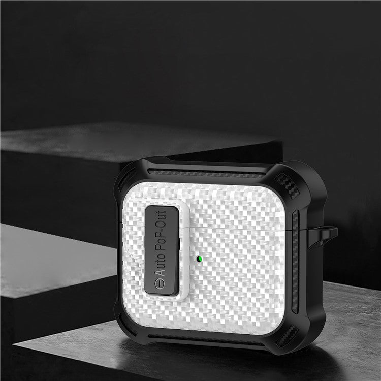 For Apple AirPods 3 Pressing Buckle TPU+PC Protective Case Carbon Fiber Texture Bluetooth Earphone Cover - White