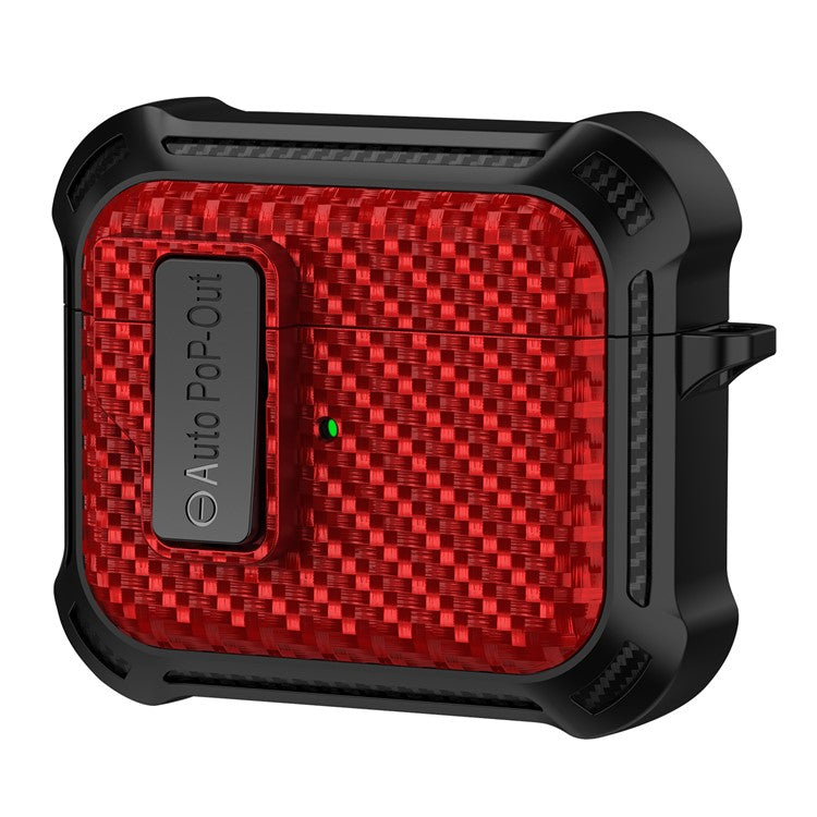 For Apple AirPods 3 Pressing Buckle TPU+PC Protective Case Carbon Fiber Texture Bluetooth Earphone Cover - Red