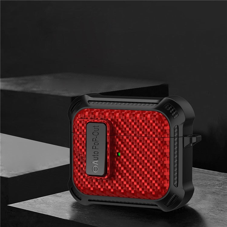 For Apple AirPods 3 Pressing Buckle TPU+PC Protective Case Carbon Fiber Texture Bluetooth Earphone Cover - Red