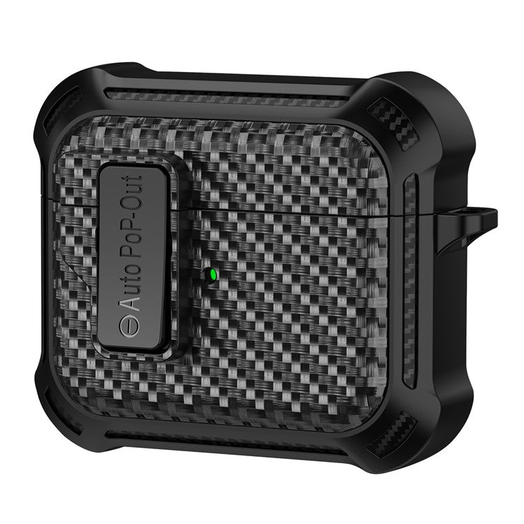 For Apple AirPods 3 Pressing Buckle TPU+PC Protective Case Carbon Fiber Texture Bluetooth Earphone Cover - Black