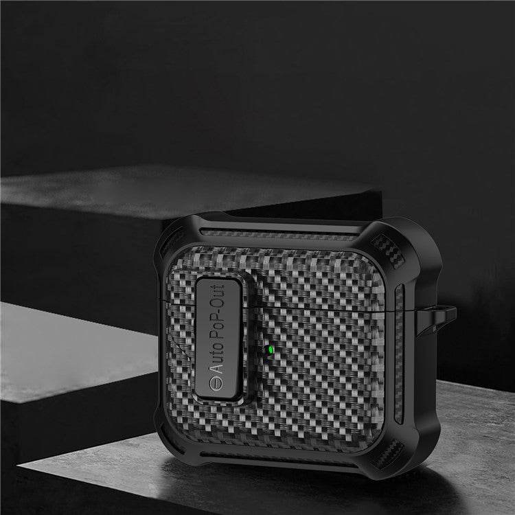 For Apple AirPods 3 Pressing Buckle TPU+PC Protective Case Carbon Fiber Texture Bluetooth Earphone Cover - Black