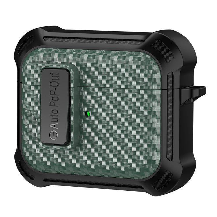 For Apple AirPods 3 Pressing Buckle TPU+PC Protective Case Carbon Fiber Texture Bluetooth Earphone Cover - Green