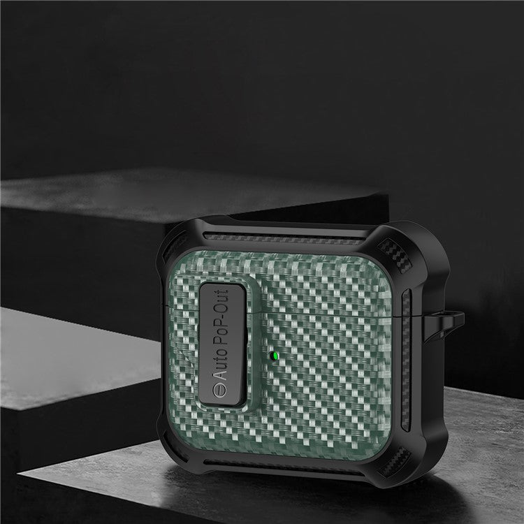 For Apple AirPods 3 Pressing Buckle TPU+PC Protective Case Carbon Fiber Texture Bluetooth Earphone Cover - Green