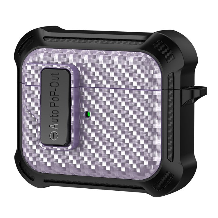 For Apple AirPods 3 Pressing Buckle TPU+PC Protective Case Carbon Fiber Texture Bluetooth Earphone Cover - Purple