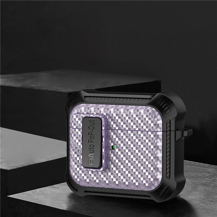 For Apple AirPods 3 Pressing Buckle TPU+PC Protective Case Carbon Fiber Texture Bluetooth Earphone Cover - Purple