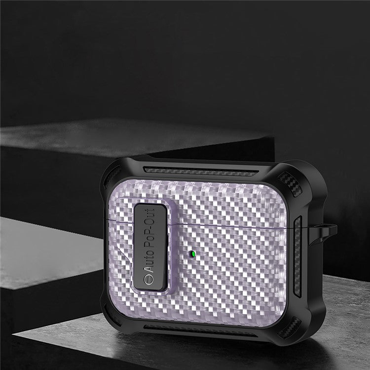 For Apple AirPods Pro Carbon Fiber Texture TPU+PC Anti-drop Cover Pressing Buckle Earphone Case - Purple