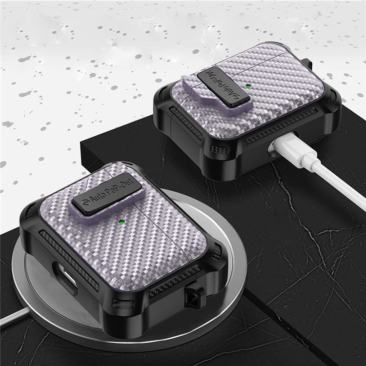 For Apple AirPods Pro Carbon Fiber Texture TPU+PC Anti-drop Cover Pressing Buckle Earphone Case - Purple