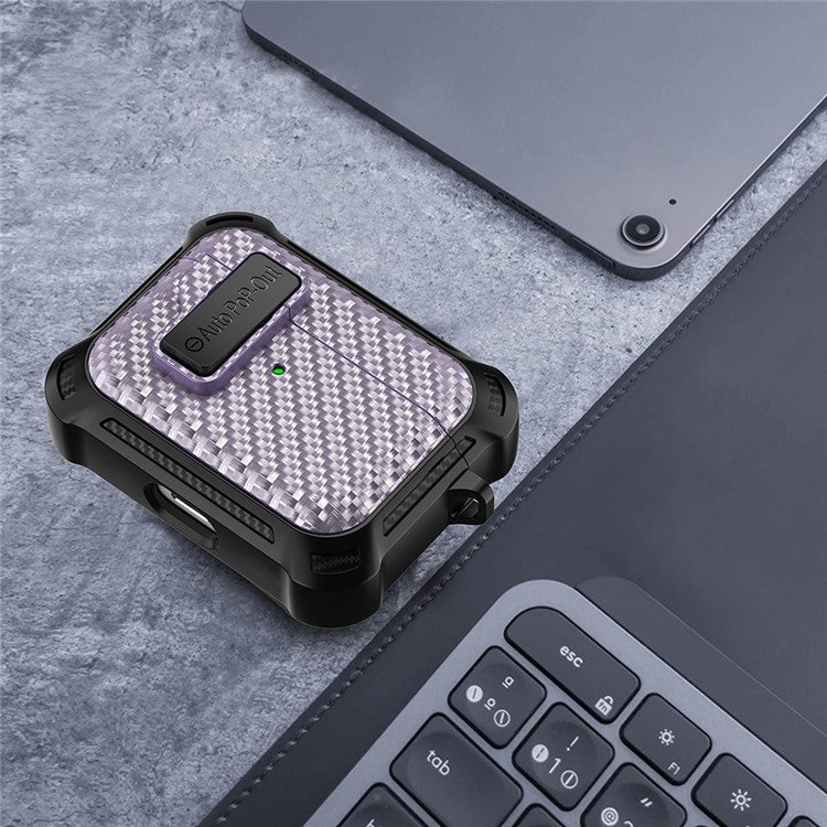 For Apple AirPods Pro Carbon Fiber Texture TPU+PC Anti-drop Cover Pressing Buckle Earphone Case - Purple