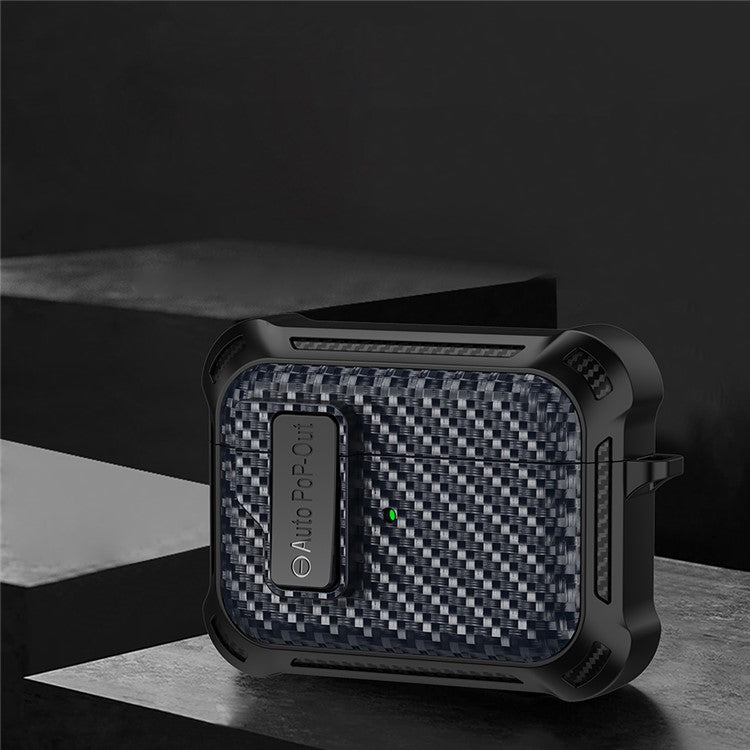 For Apple AirPods Pro Carbon Fiber Texture TPU+PC Anti-drop Cover Pressing Buckle Earphone Case - Sapphire