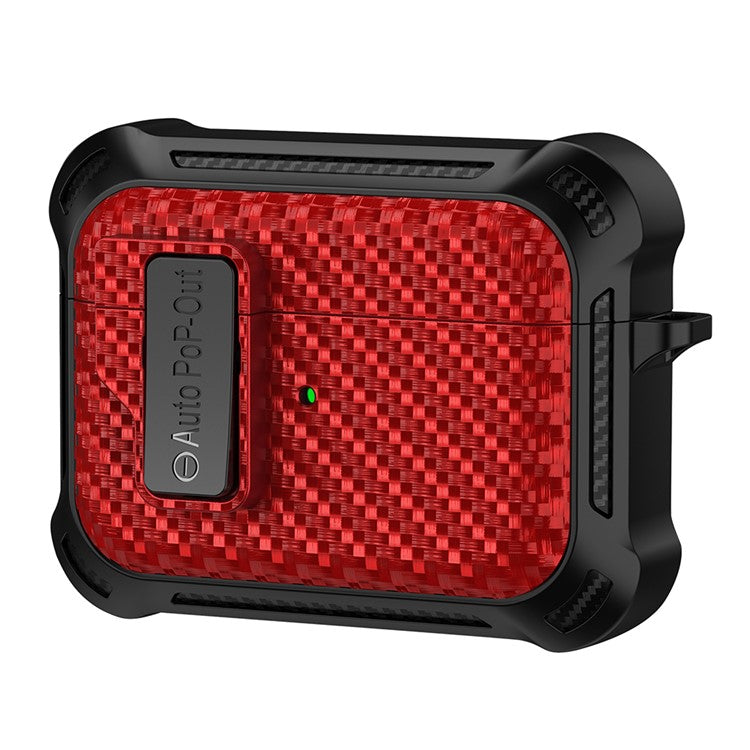 For Apple AirPods Pro Carbon Fiber Texture TPU+PC Anti-drop Cover Pressing Buckle Earphone Case - Red