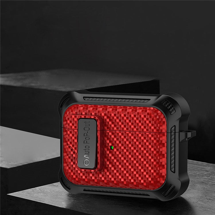 For Apple AirPods Pro Carbon Fiber Texture TPU+PC Anti-drop Cover Pressing Buckle Earphone Case - Red