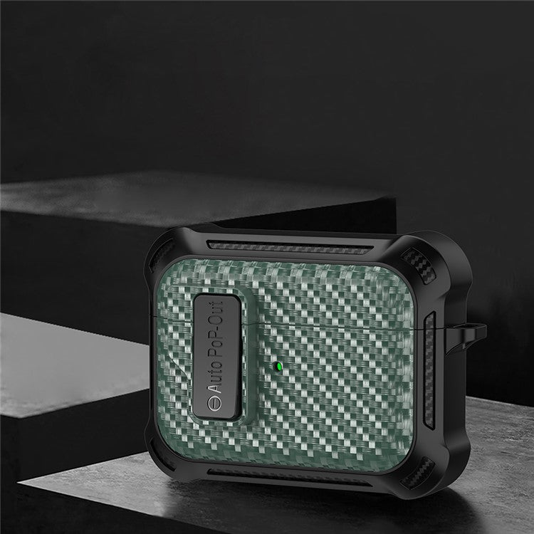 For Apple AirPods Pro Carbon Fiber Texture TPU+PC Anti-drop Cover Pressing Buckle Earphone Case - Green