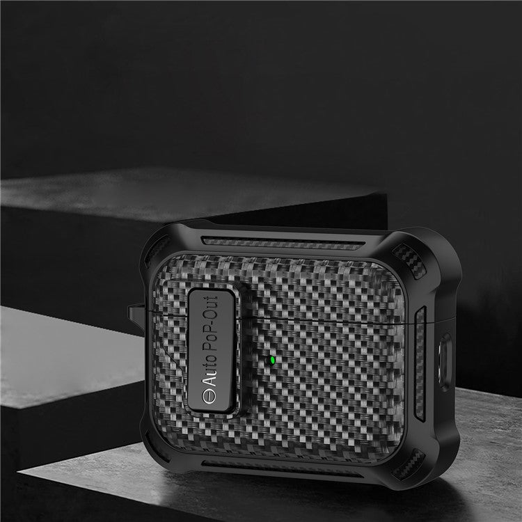 For AirPods Pro 2 Pressing Buckle Wireless Earphone Anti-drop Case Carbon Fiber Texture TPU+PC Cover - Black