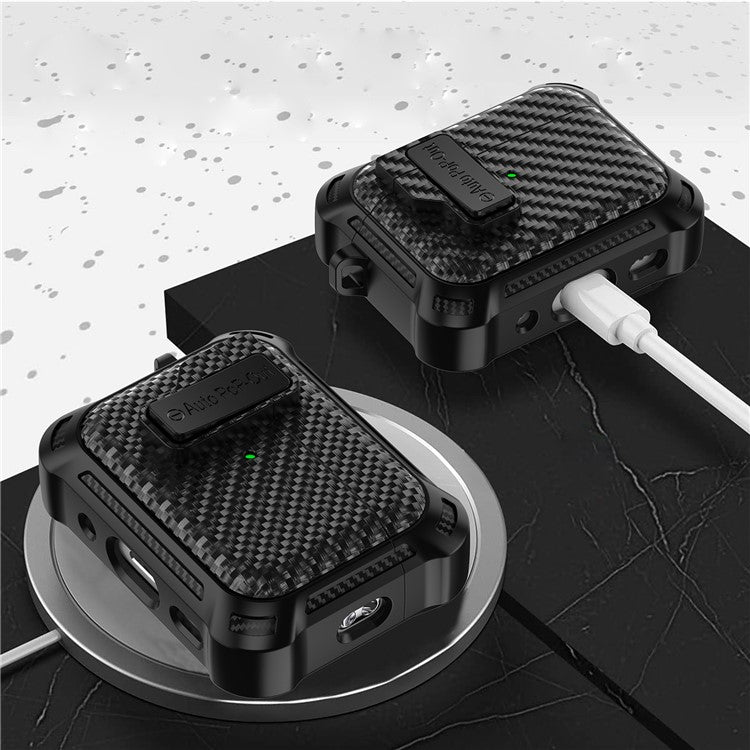 For AirPods Pro 2 Pressing Buckle Wireless Earphone Anti-drop Case Carbon Fiber Texture TPU+PC Cover - Black