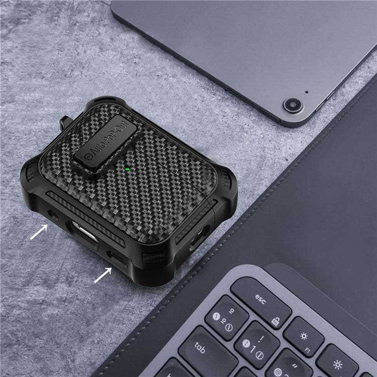 For AirPods Pro 2 Pressing Buckle Wireless Earphone Anti-drop Case Carbon Fiber Texture TPU+PC Cover - Black