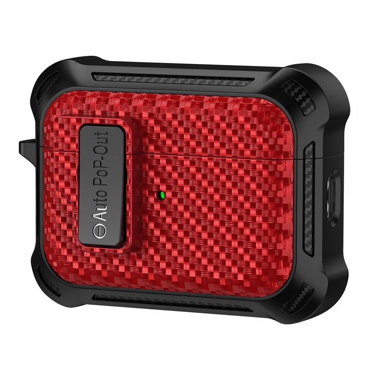 For AirPods Pro 2 Pressing Buckle Wireless Earphone Anti-drop Case Carbon Fiber Texture TPU+PC Cover - Red