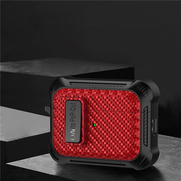 For AirPods Pro 2 Pressing Buckle Wireless Earphone Anti-drop Case Carbon Fiber Texture TPU+PC Cover - Red