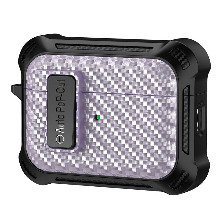 For AirPods Pro 2 Pressing Buckle Wireless Earphone Anti-drop Case Carbon Fiber Texture TPU+PC Cover - Purple