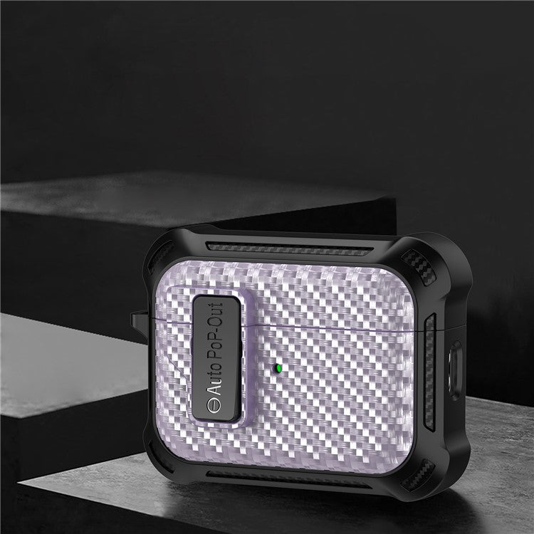 For AirPods Pro 2 Pressing Buckle Wireless Earphone Anti-drop Case Carbon Fiber Texture TPU+PC Cover - Purple