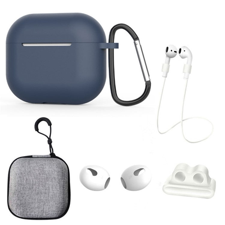 For Apple AirPods 3 6-in-1 Silicone Case Anti-lost Lanyard Watch Band Holder Ear Hanger Ear Cap Storage Box - Midnight Blue