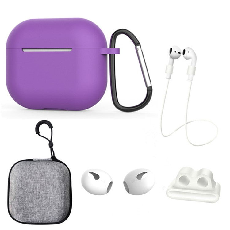 For Apple AirPods 3 6-in-1 Silicone Case Anti-lost Lanyard Watch Band Holder Ear Hanger Ear Cap Storage Box - Purple