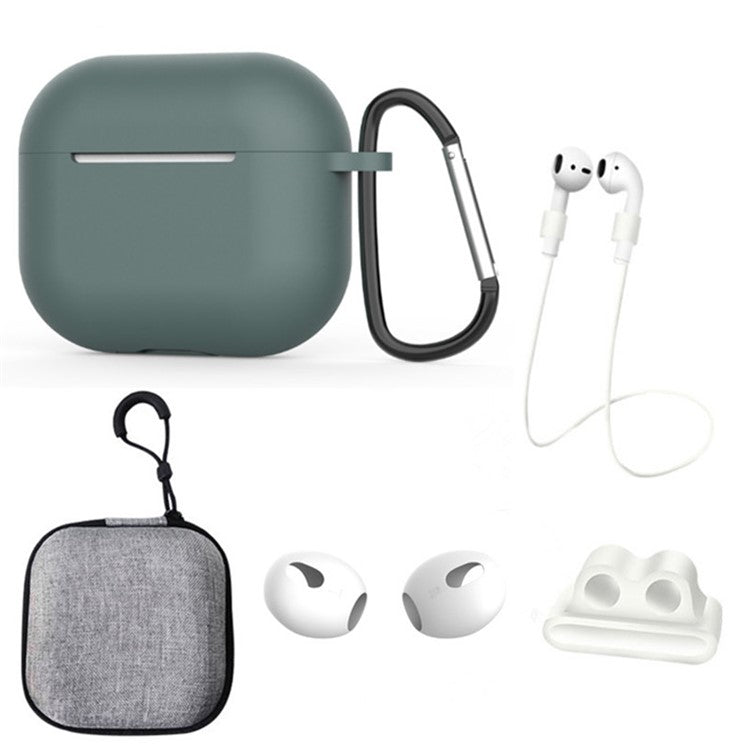 For Apple AirPods 3 6-in-1 Silicone Case Anti-lost Lanyard Watch Band Holder Ear Hanger Ear Cap Storage Box - Midnight Green