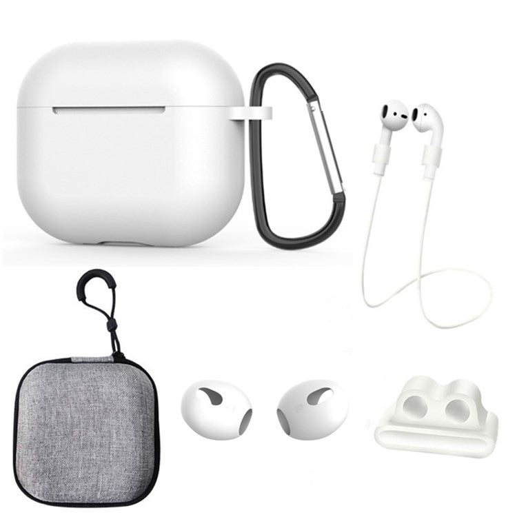 For Apple AirPods 3 6-in-1 Silicone Case Anti-lost Lanyard Watch Band Holder Ear Hanger Ear Cap Storage Box - White