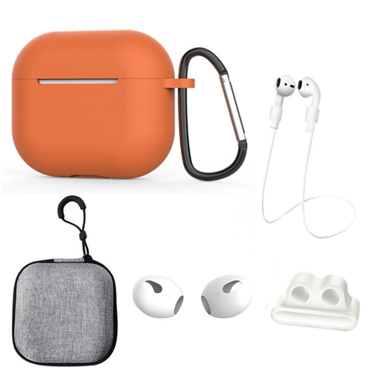 For Apple AirPods 3 6-in-1 Silicone Case Anti-lost Lanyard Watch Band Holder Ear Hanger Ear Cap Storage Box - Orange