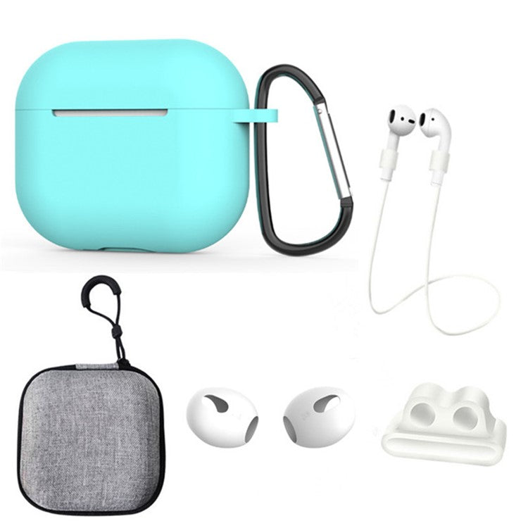 For Apple AirPods 3 6-in-1 Silicone Case Anti-lost Lanyard Watch Band Holder Ear Hanger Ear Cap Storage Box - Mint Green