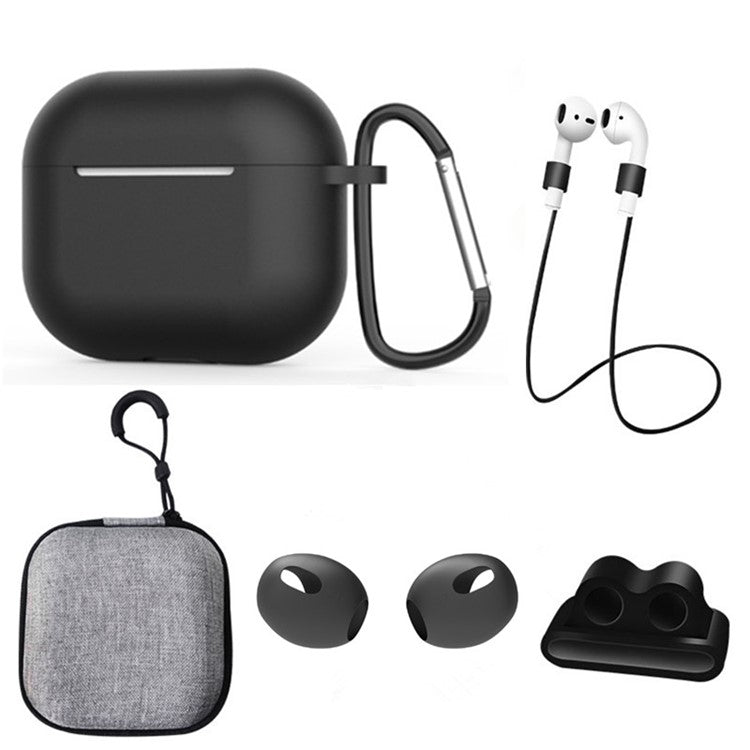 For Apple AirPods 3 6-in-1 Silicone Case Anti-lost Lanyard Watch Band Holder Ear Hanger Ear Cap Storage Box - Black