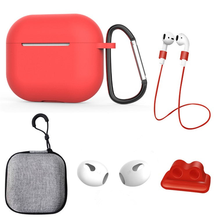 For Apple AirPods 3 6-in-1 Silicone Case Anti-lost Lanyard Watch Band Holder Ear Hanger Ear Cap Storage Box - Red