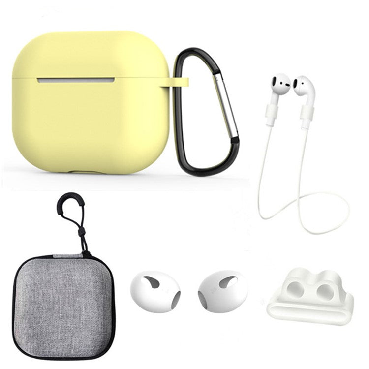 For Apple AirPods 3 6-in-1 Silicone Case Anti-lost Lanyard Watch Band Holder Ear Hanger Ear Cap Storage Box - Yellow