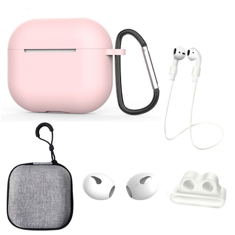 For Apple AirPods 3 6-in-1 Silicone Case Anti-lost Lanyard Watch Band Holder Ear Hanger Ear Cap Storage Box - Pink