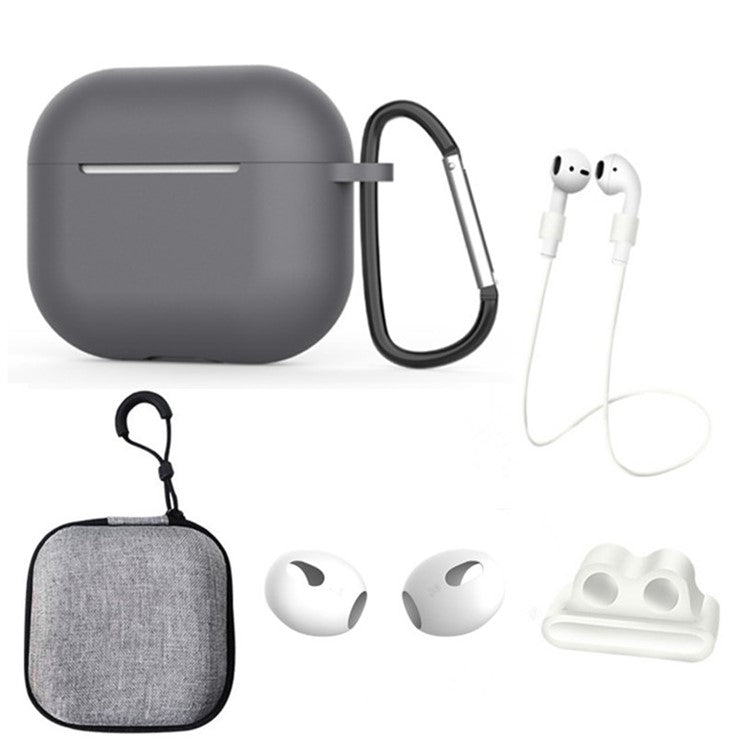 For Apple AirPods 3 6-in-1 Silicone Case Anti-lost Lanyard Watch Band Holder Ear Hanger Ear Cap Storage Box - Dark Grey