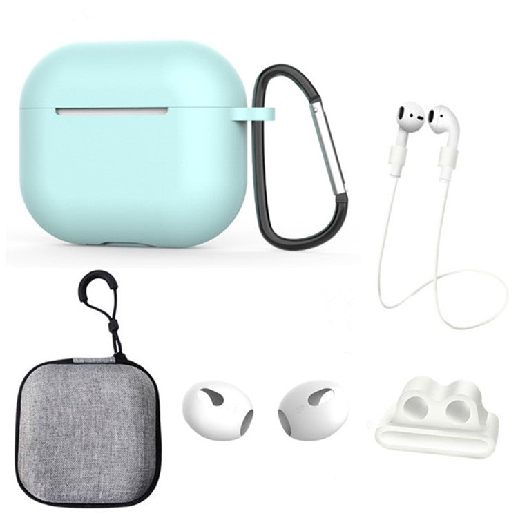 For Apple AirPods 3 6-in-1 Silicone Case Anti-lost Lanyard Watch Band Holder Ear Hanger Ear Cap Storage Box - Baby Blue