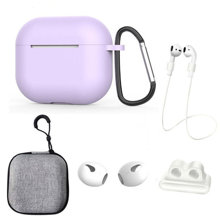 For Apple AirPods 3 6-in-1 Silicone Case Anti-lost Lanyard Watch Band Holder Ear Hanger Ear Cap Storage Box - Light Purple