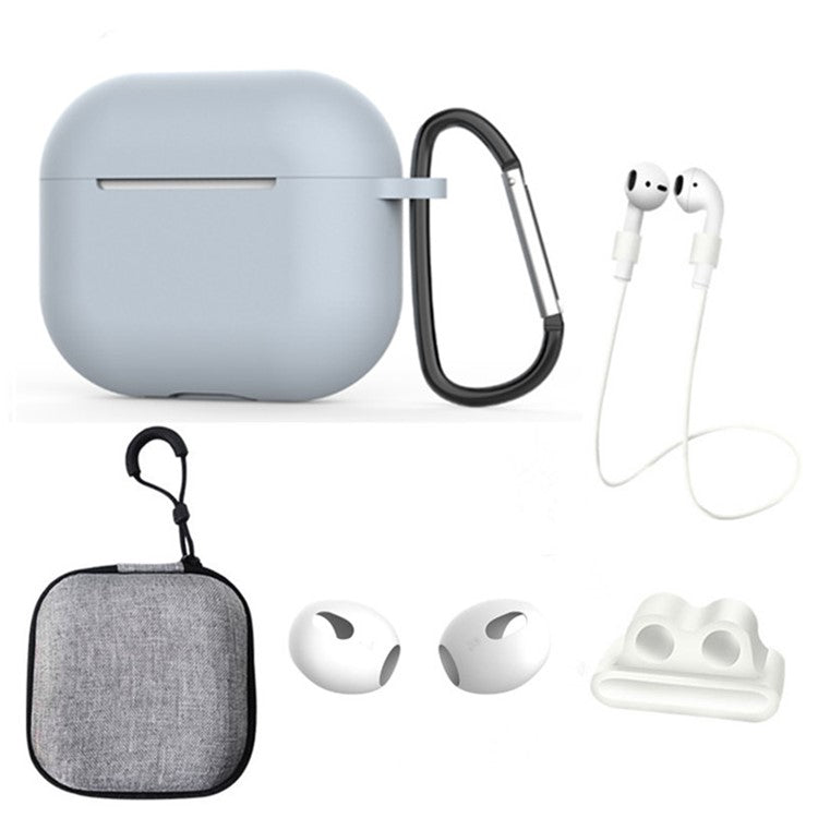 For Apple AirPods 3 6-in-1 Silicone Case Anti-lost Lanyard Watch Band Holder Ear Hanger Ear Cap Storage Box - Light Grey