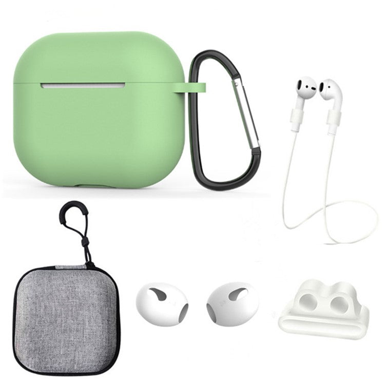 For Apple AirPods 3 6-in-1 Silicone Case Anti-lost Lanyard Watch Band Holder Ear Hanger Ear Cap Storage Box - Matcha Green