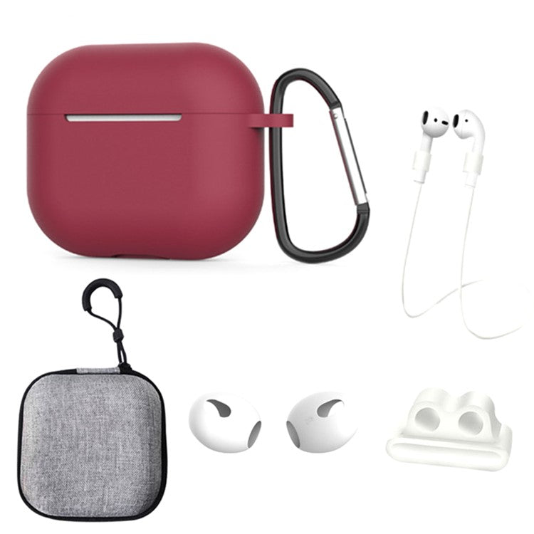 For Apple AirPods 3 6-in-1 Silicone Case Anti-lost Lanyard Watch Band Holder Ear Hanger Ear Cap Storage Box - Wine Red