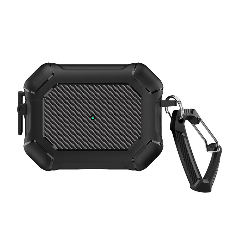 For AirPods Pro 2 TPU+PC Earphone Case Carbon Fiber Texture Reinforced Protective Cover with Carabiner - Black