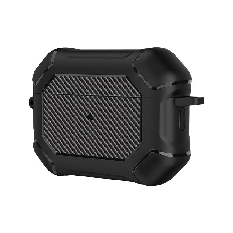 For AirPods Pro 2 TPU+PC Earphone Case Carbon Fiber Texture Reinforced Protective Cover with Carabiner - Black