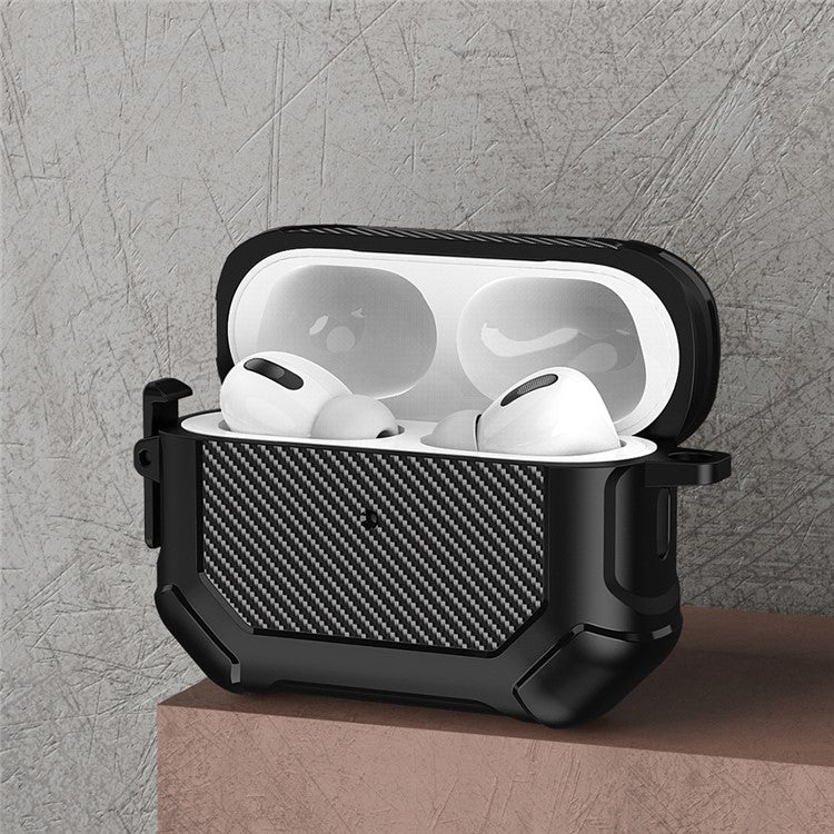 For AirPods Pro 2 TPU+PC Earphone Case Carbon Fiber Texture Reinforced Protective Cover with Carabiner - Black