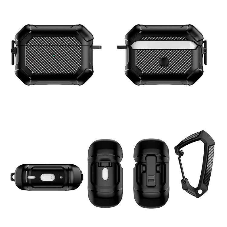 For AirPods Pro 2 TPU+PC Earphone Case Carbon Fiber Texture Reinforced Protective Cover with Carabiner - Black