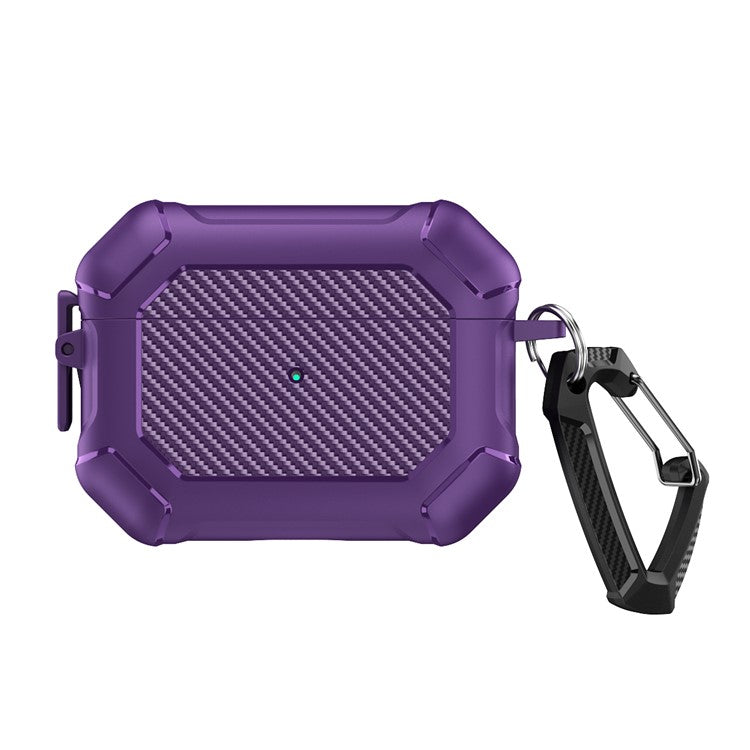 For AirPods Pro 2 TPU+PC Earphone Case Carbon Fiber Texture Reinforced Protective Cover with Carabiner - Purple