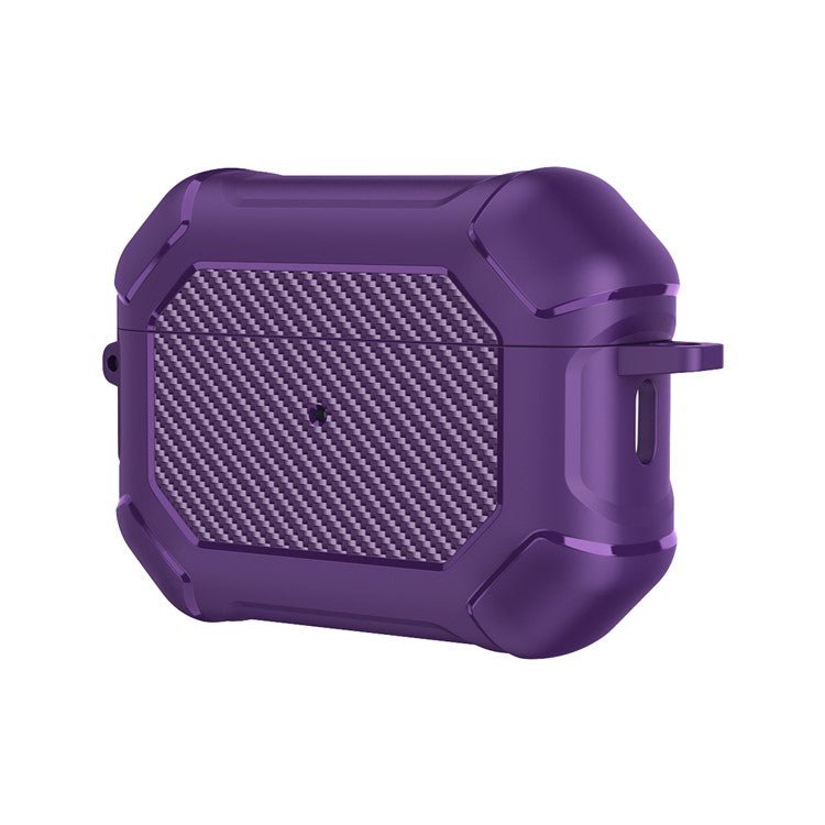 For AirPods Pro 2 TPU+PC Earphone Case Carbon Fiber Texture Reinforced Protective Cover with Carabiner - Purple