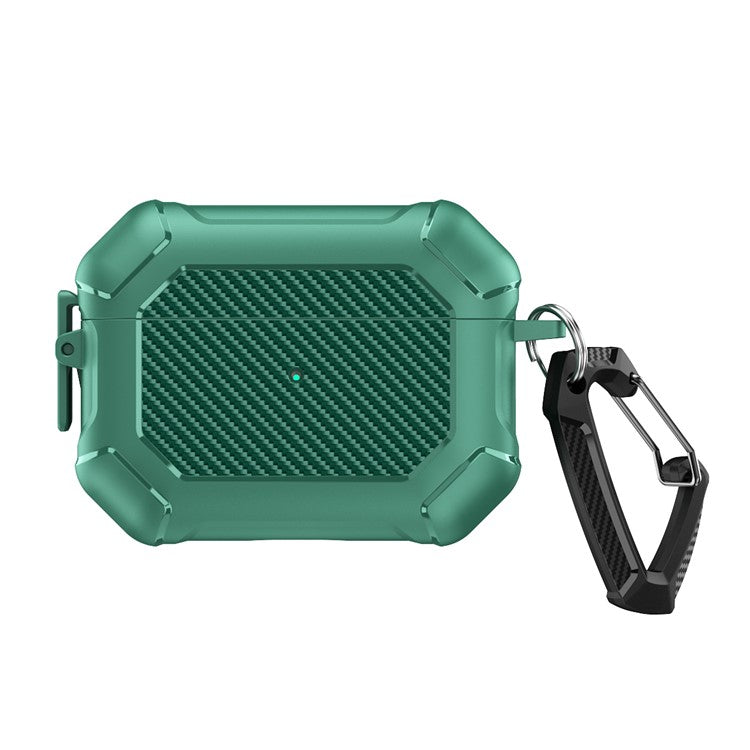 For AirPods Pro 2 TPU+PC Earphone Case Carbon Fiber Texture Reinforced Protective Cover with Carabiner - Green